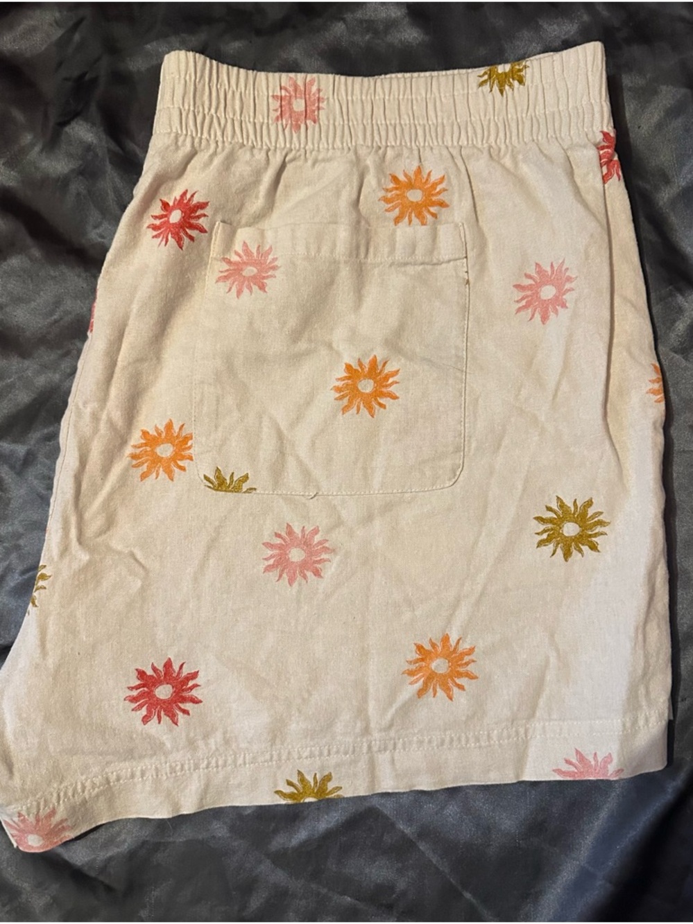 Beige Floral Print Elastic Waist Shorts - Pink, Orange, Gold Flowers